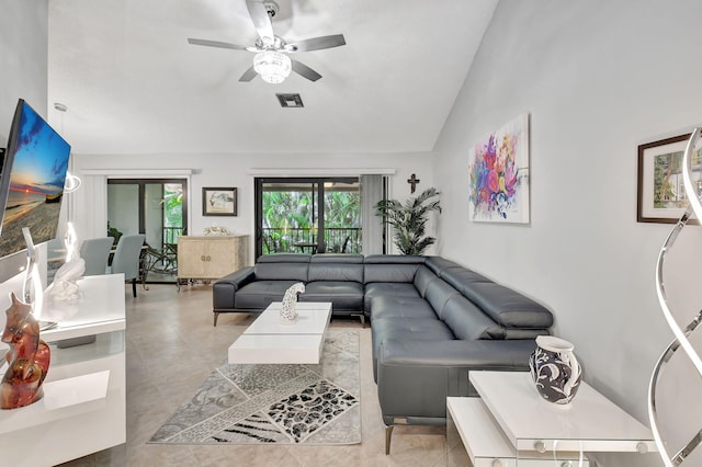 living room featuring lofted ceiling and ceiling fan