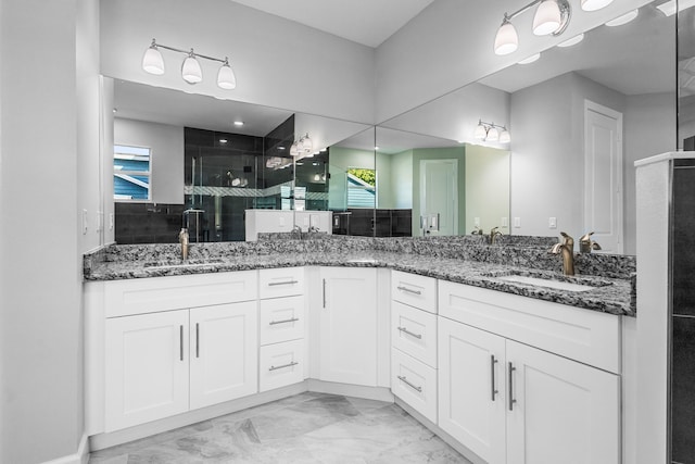 bathroom with a shower with door and vanity