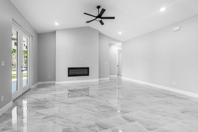 unfurnished living room featuring lofted ceiling, french doors, and ceiling fan