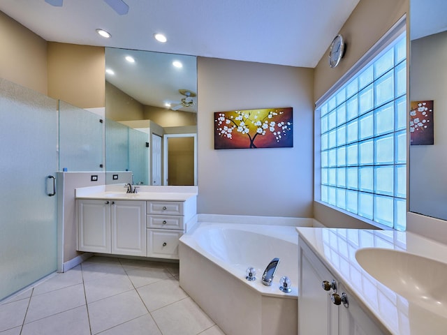 bathroom featuring ceiling fan, vanity, separate shower and tub, and tile patterned flooring