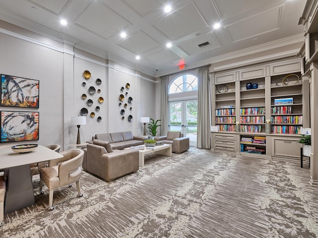 living area with coffered ceiling, ornamental molding, and carpet flooring