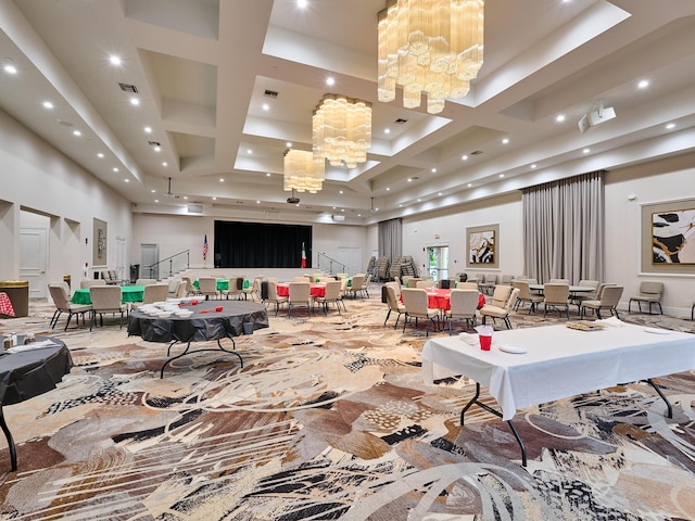 recreation room with coffered ceiling, a towering ceiling, and beamed ceiling