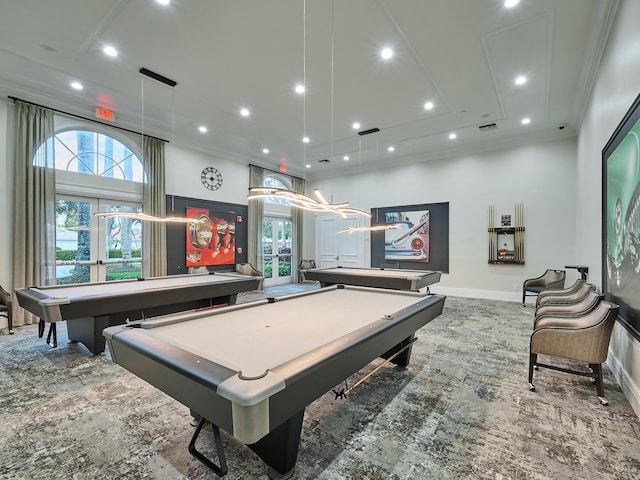 recreation room with crown molding, pool table, and a healthy amount of sunlight