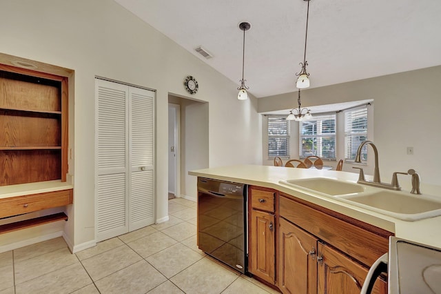 kitchen featuring lofted ceiling, black dishwasher, sink, hanging light fixtures, and light tile patterned floors