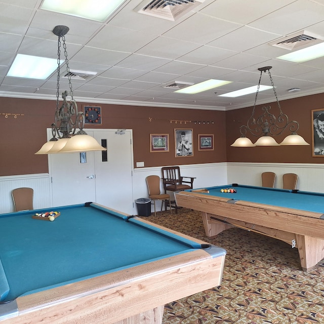 recreation room featuring crown molding, pool table, and a drop ceiling