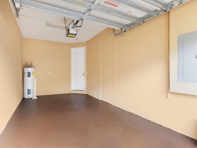 garage with a garage door opener, electric panel, and water heater