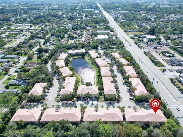 aerial view featuring a water view