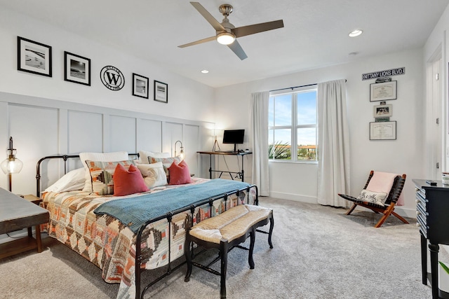 carpeted bedroom with ceiling fan