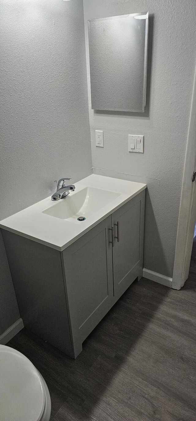 bathroom with vanity, wood-type flooring, and toilet