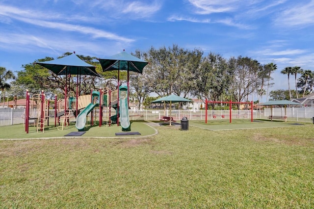 view of jungle gym with a yard