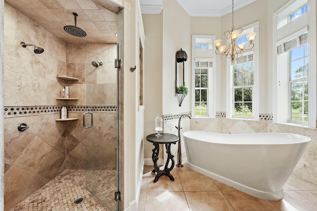 bathroom featuring a stall shower, a freestanding tub, a wealth of natural light, and crown molding