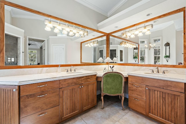 full bath with ornamental molding, tile patterned flooring, and vanity