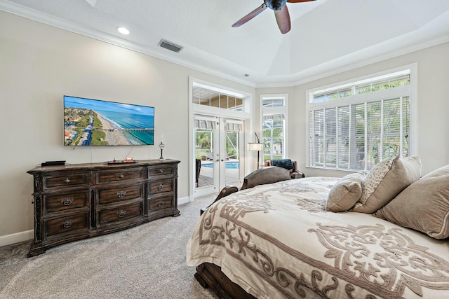 bedroom featuring light carpet, visible vents, access to exterior, crown molding, and french doors