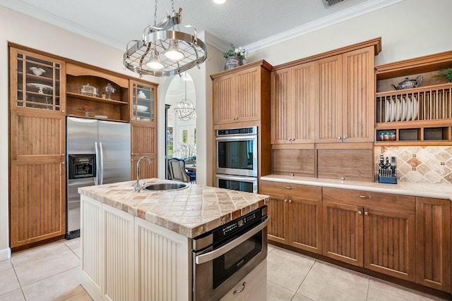 kitchen with light tile patterned floors, open shelves, a sink, and stainless steel appliances