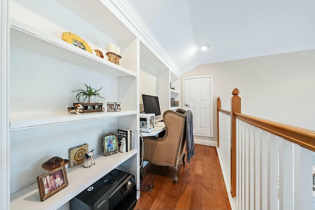office space with lofted ceiling, wood finished floors, and crown molding
