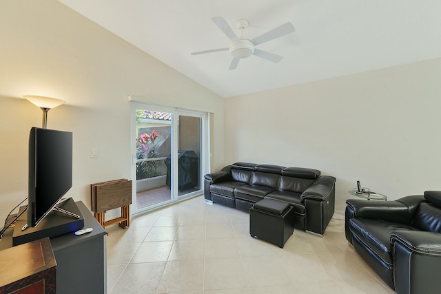 tiled living room featuring vaulted ceiling and ceiling fan