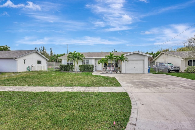 ranch-style house with a garage and a front lawn