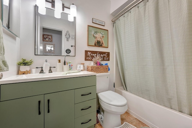 full bathroom with shower / tub combo, vanity, toilet, and tile patterned flooring