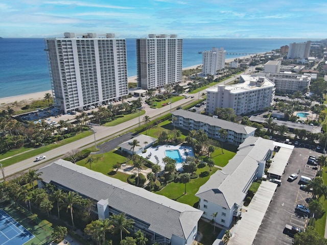 aerial view featuring a view of city and a water view