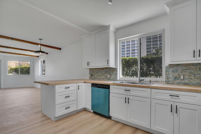 kitchen featuring a peninsula, a sink, wooden counters, dishwasher, and tasteful backsplash