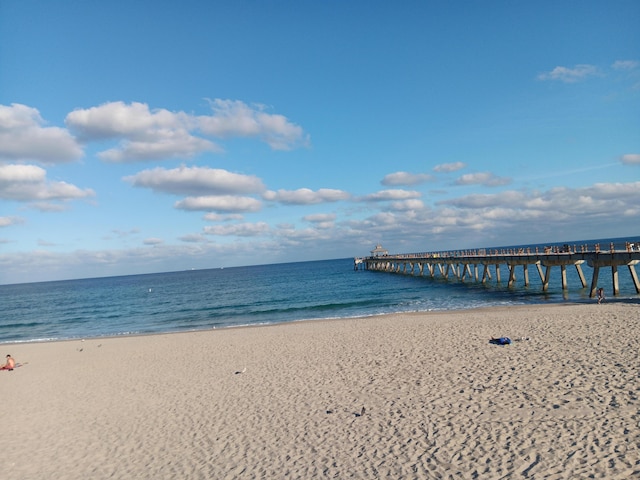 view of water feature featuring a beach view and a pier