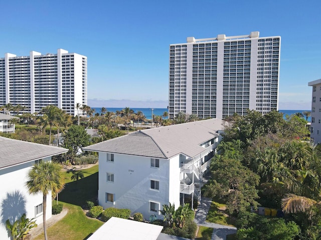 drone / aerial view featuring a water view