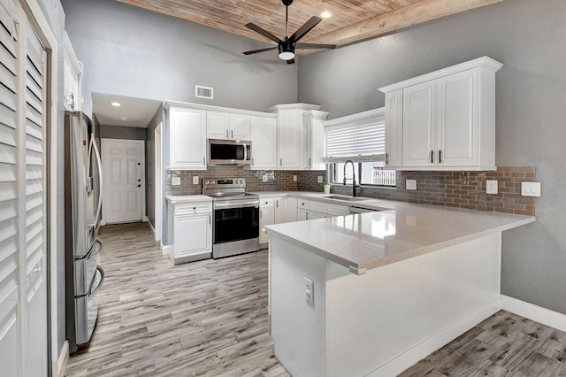 kitchen featuring appliances with stainless steel finishes, white cabinetry, sink, kitchen peninsula, and wooden ceiling