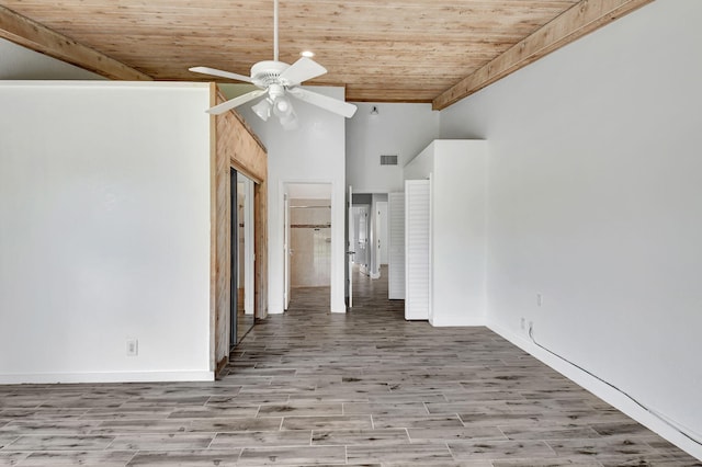 spare room with ceiling fan, high vaulted ceiling, wooden ceiling, and light wood-type flooring