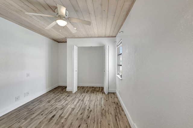 spare room featuring ceiling fan, wooden ceiling, and light hardwood / wood-style floors