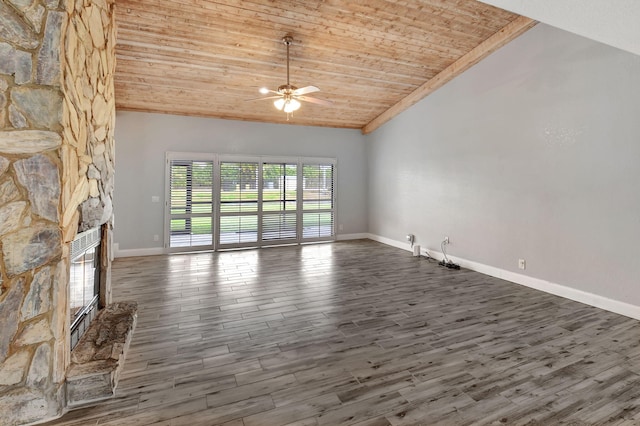 unfurnished living room with vaulted ceiling, a fireplace, dark hardwood / wood-style flooring, ceiling fan, and wooden ceiling