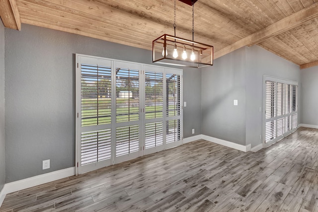 unfurnished dining area with hardwood / wood-style flooring, wooden ceiling, and beam ceiling