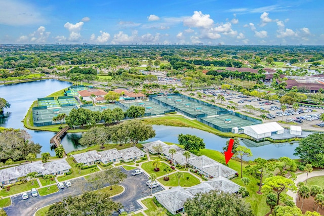 aerial view featuring a water view