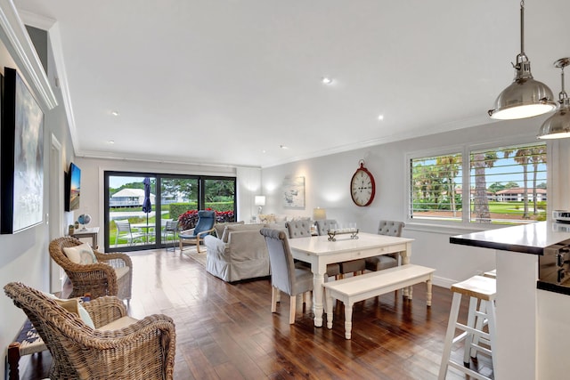 dining room featuring dark wood-type flooring and ornamental molding