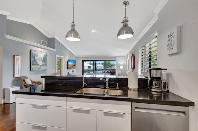 kitchen featuring crown molding, sink, stainless steel dishwasher, and white cabinets