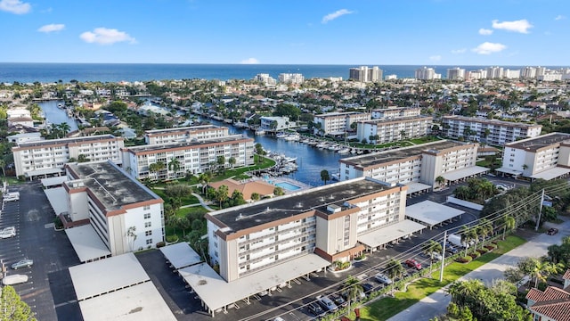 drone / aerial view featuring a water view