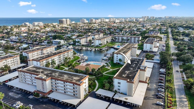 aerial view featuring a water view