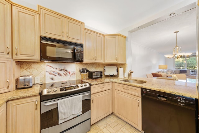 kitchen with sink, backsplash, black appliances, light brown cabinetry, and a chandelier