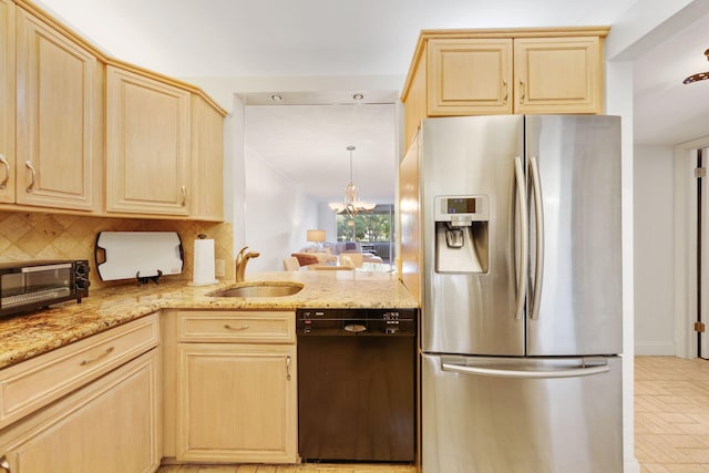 kitchen with sink, black dishwasher, stainless steel refrigerator with ice dispenser, tasteful backsplash, and light brown cabinetry