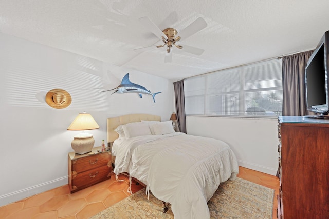 bedroom featuring ceiling fan and a textured ceiling