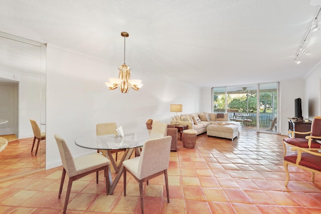 tiled dining space featuring crown molding, a textured ceiling, track lighting, a notable chandelier, and a wall of windows