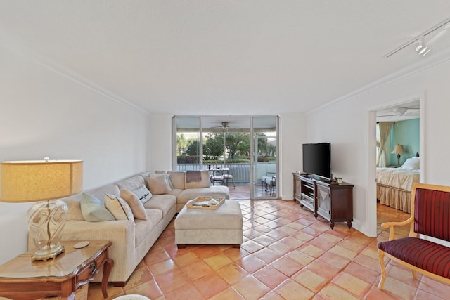 tiled living room featuring crown molding, rail lighting, floor to ceiling windows, and ceiling fan