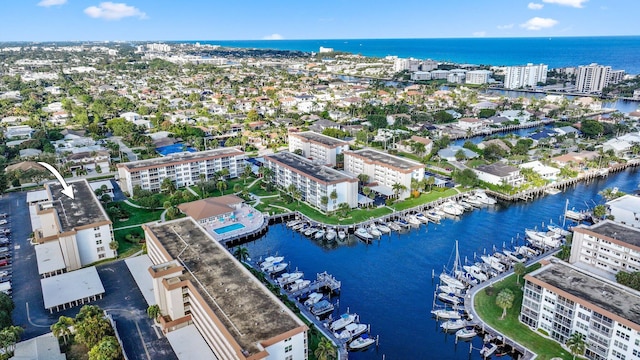 drone / aerial view with a water view