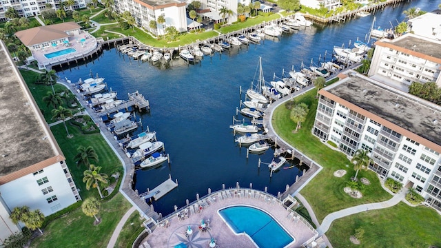 aerial view featuring a water view