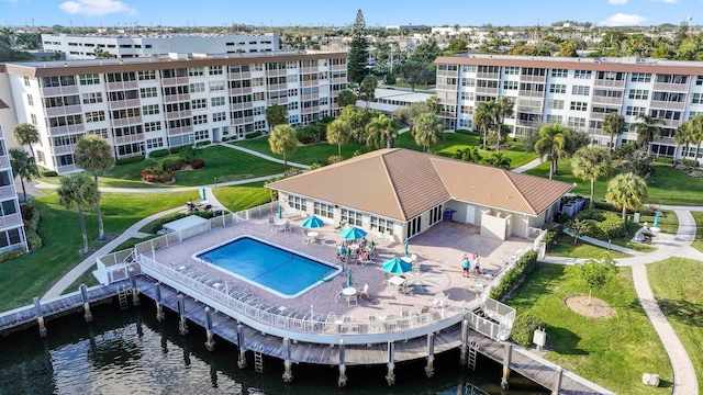 drone / aerial view featuring a water view