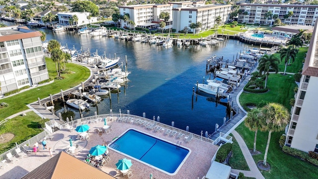 drone / aerial view with a water view