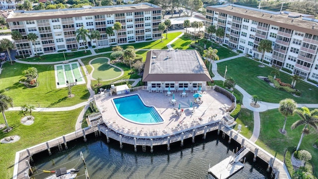 bird's eye view with a water view