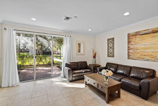 tiled living room with crown molding