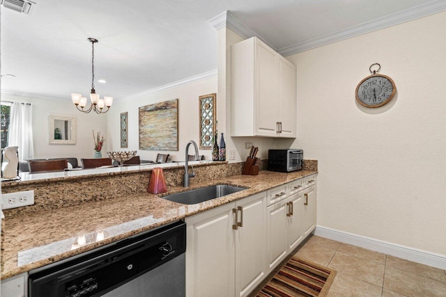 kitchen with sink, white cabinetry, light stone counters, ornamental molding, and stainless steel dishwasher