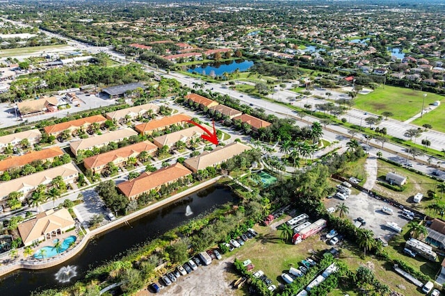 aerial view featuring a water view