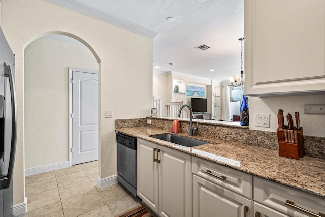 kitchen with light tile patterned flooring, dishwasher, sink, crown molding, and light stone countertops